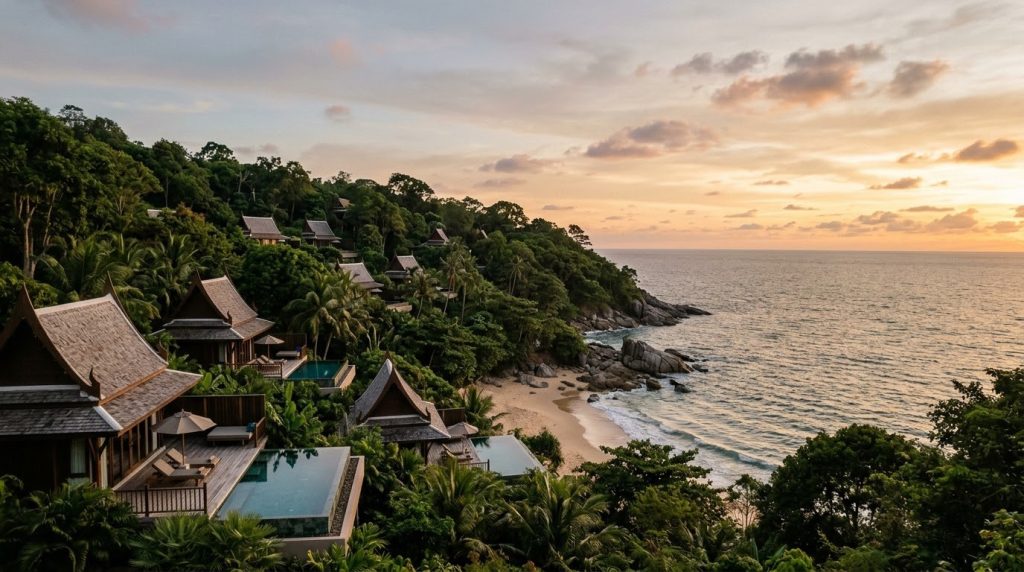 A secluded headland beach near Nai Thon in north Phuket at sunset