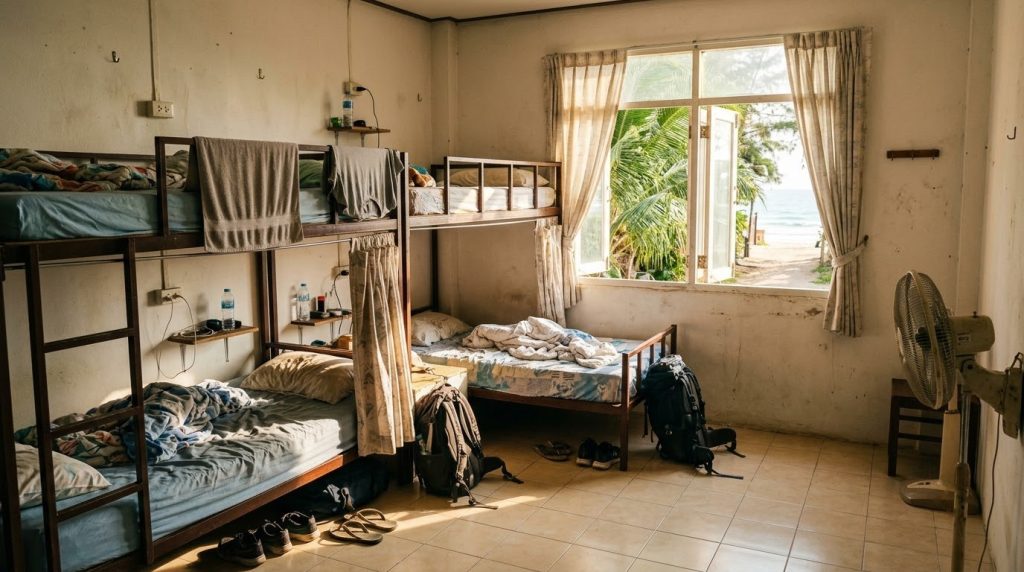 A simple budget hostel dorm room near a beach in Phuket