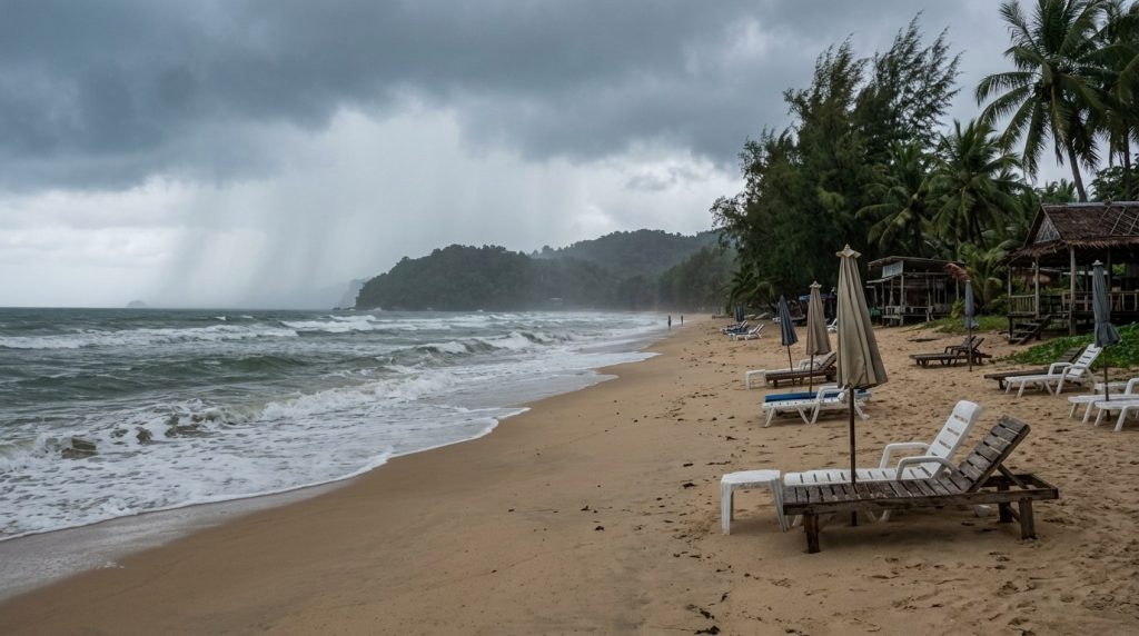 A quiet Phuket beach under cloudy low-season monsoon skies