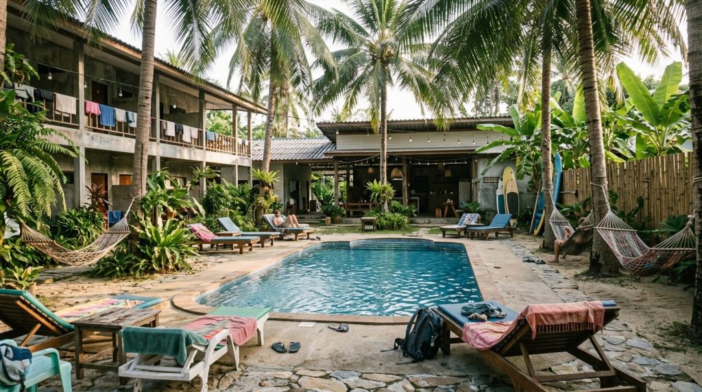 A hostel pool with hammocks near Bangtao Beach in Phuket