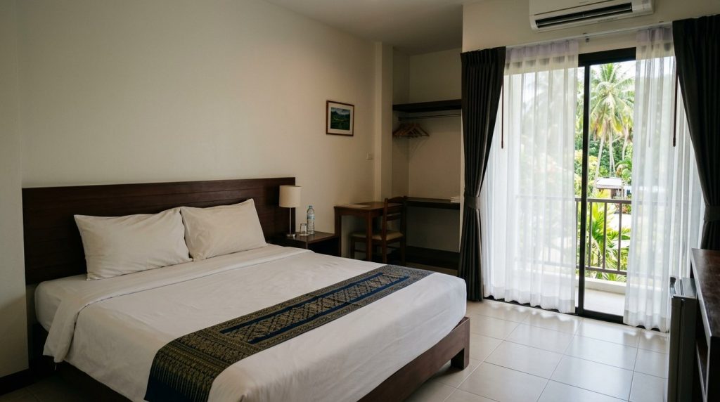 A clean budget hotel room with palm tree views in Phuket
