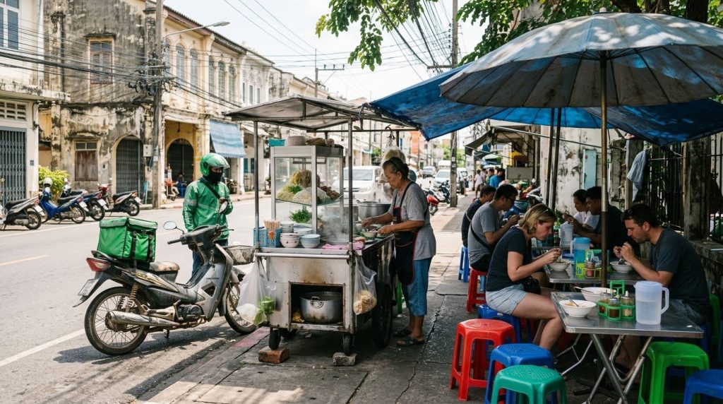 A street food noodle cart with stools on a Phuket street
