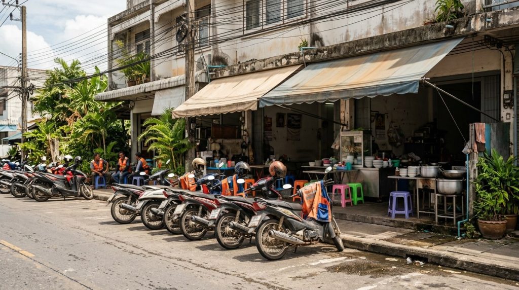 Parked motorbike taxis along a quiet local street in Phuket