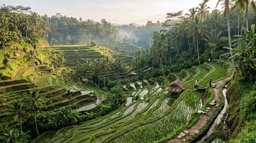 Green rice terraces cascading down a hillside near Ubud, Bali