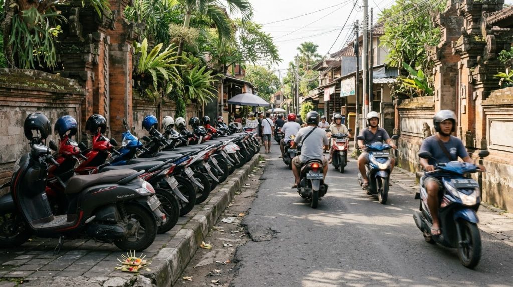 Parked scooters along a narrow street in central Ubud, Bali