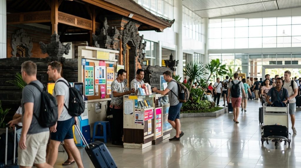 A SIM card kiosk in a Bali airport arrivals hall