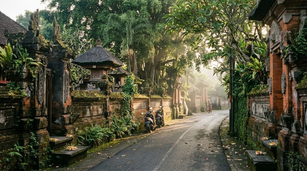 A quiet Ubud street lined with temple walls and trees in Bali