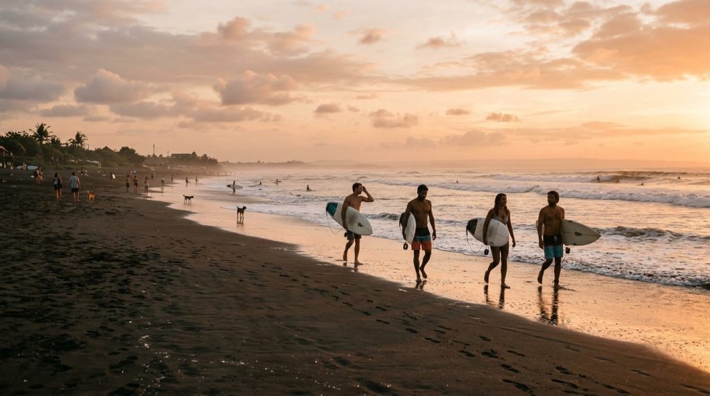 Surfers walking with boards along black-sand Canggu Beach at sunset