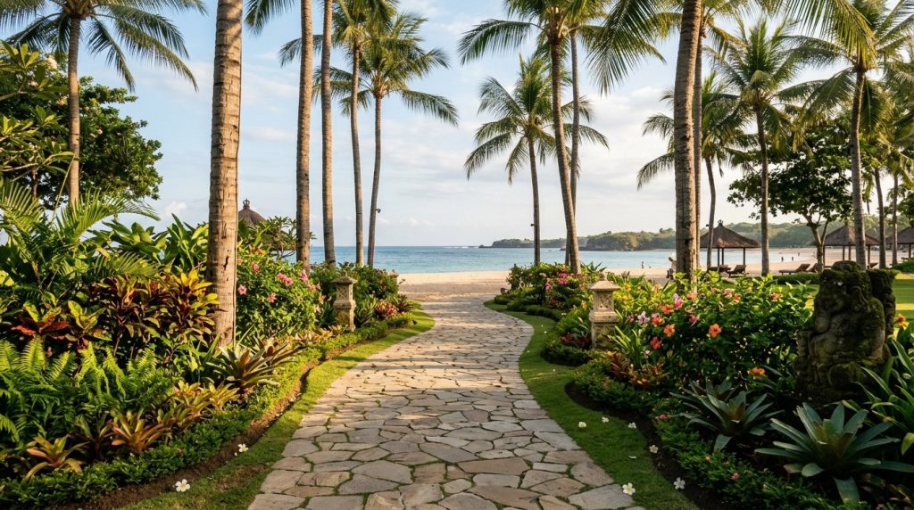A manicured garden path leading to the beach in Nusa Dua, Bali