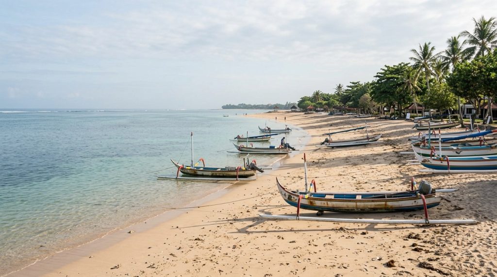 Calm water and outrigger boats on the beach at Sanur, Bali