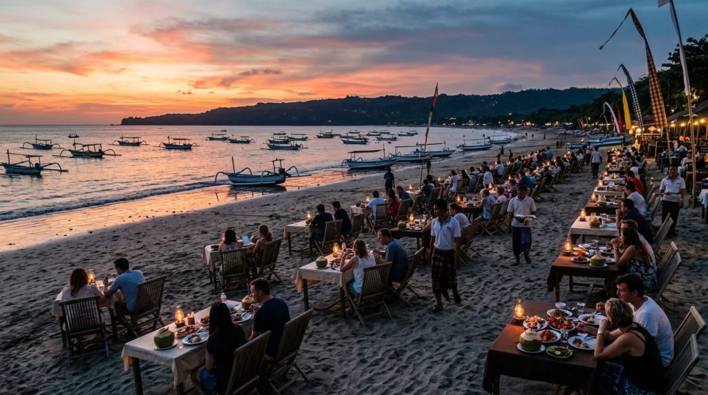 Beachfront dinner tables on the sand at Jimbaran Beach, Bali, sunset