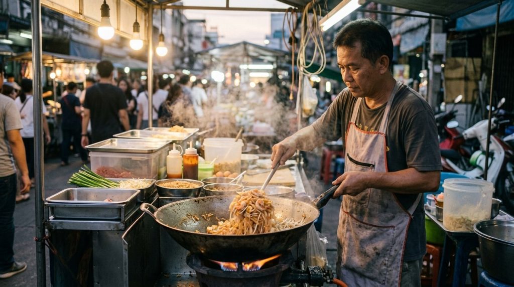 A street vendor cooking pad thai at a busy Bangkok food stall
