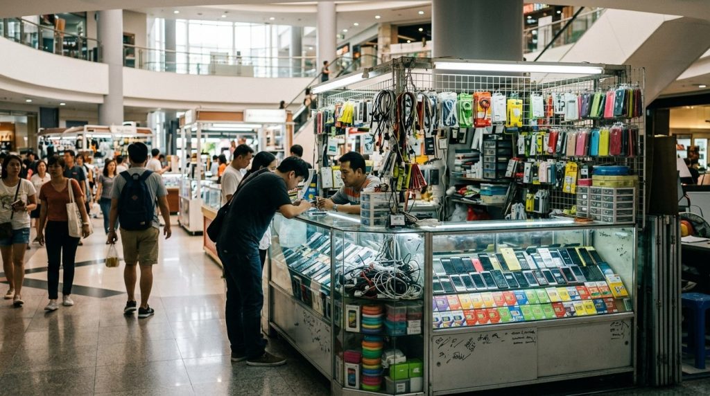 A SIM card shop counter inside a busy Bangkok shopping mall