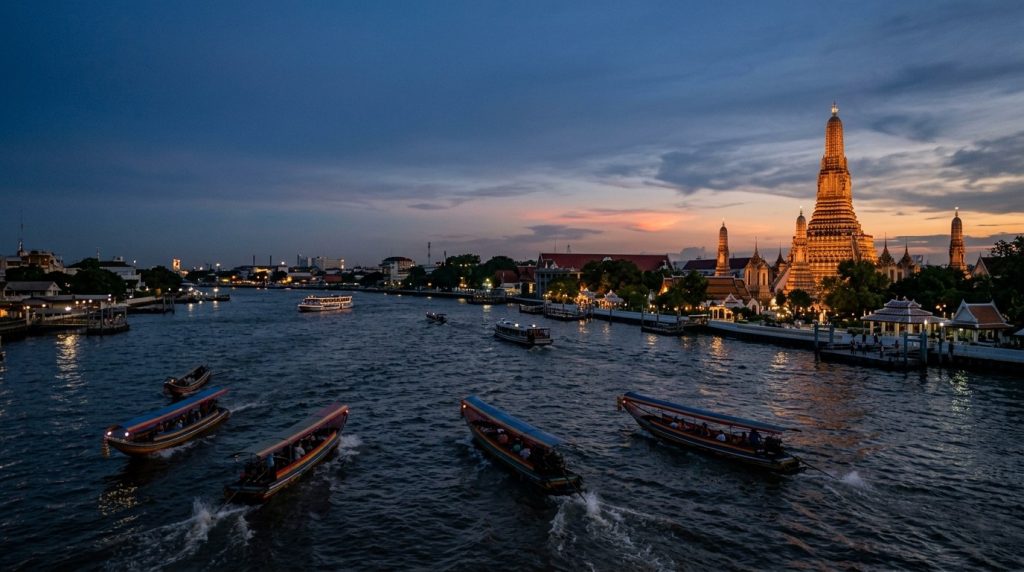 Longtail boats passing Wat Arun temple on the Chao Phraya River