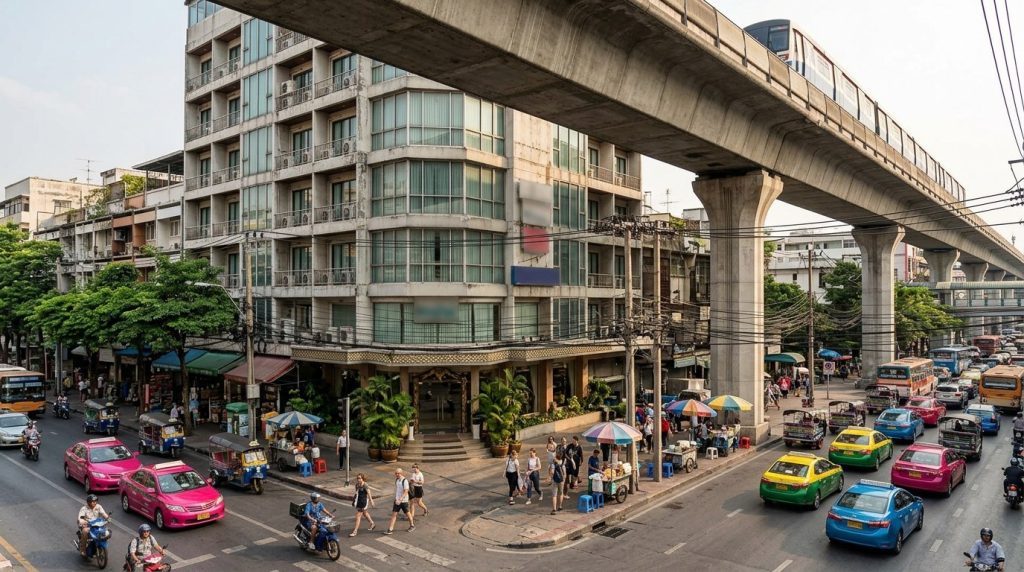 A mid-range hotel exterior with a BTS skytrain passing in Bangkok