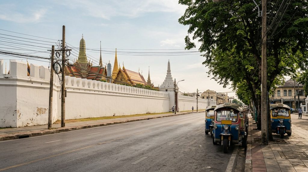 A quiet street beside the Grand Palace walls in Bangkok's Old City