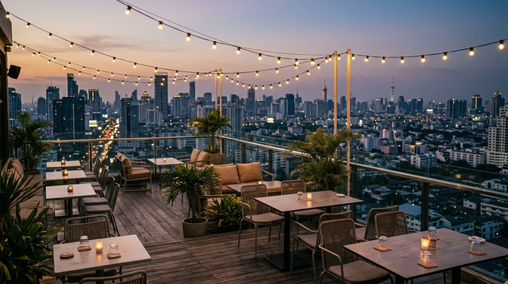A quiet rooftop bar terrace overlooking the Bangkok skyline at dusk