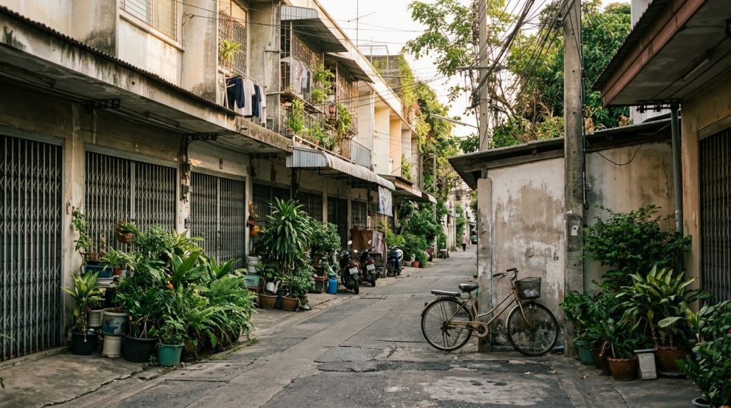 A quiet residential side street with shophouses in Bangkok