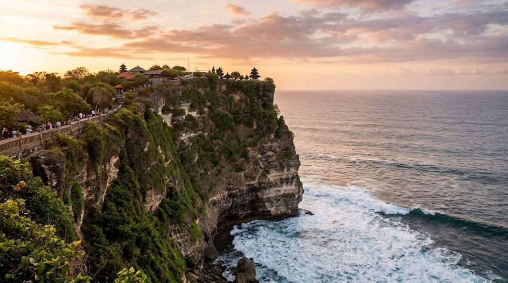 Uluwatu Temple on a clifftop above the ocean in Bali at sunset