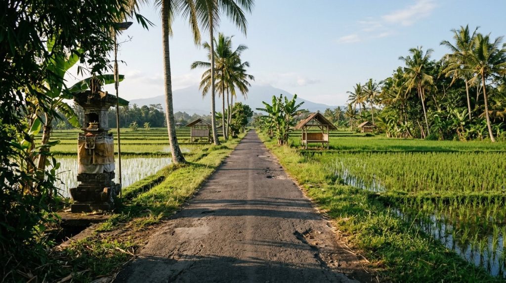 A quiet countryside road through rice fields in rural Bali