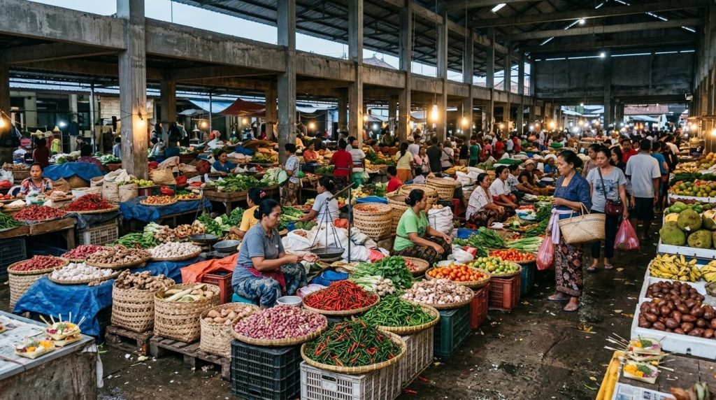 Produce stalls at the Pasar Badung traditional market in Denpasar, Bali