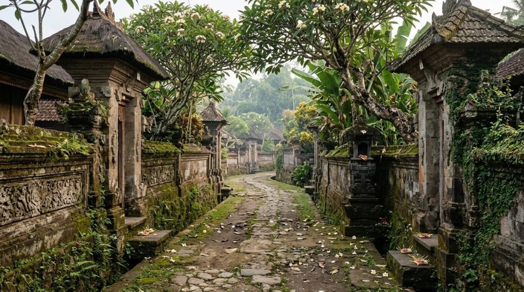 A quiet village lane with temple walls and frangipani trees in Bali