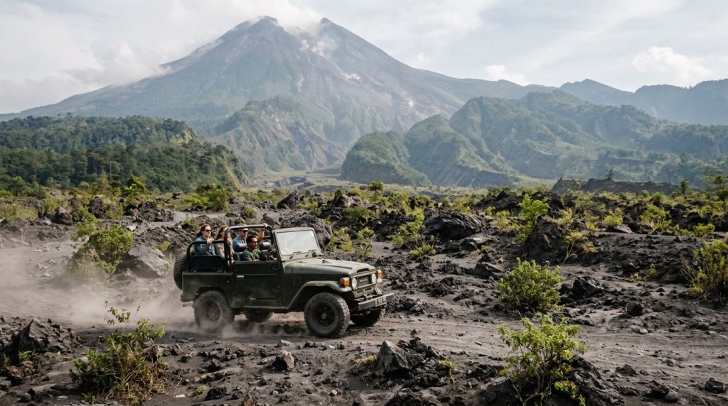 An open-top jeep crossing a lava field on Mount Merapi near Yogyakarta