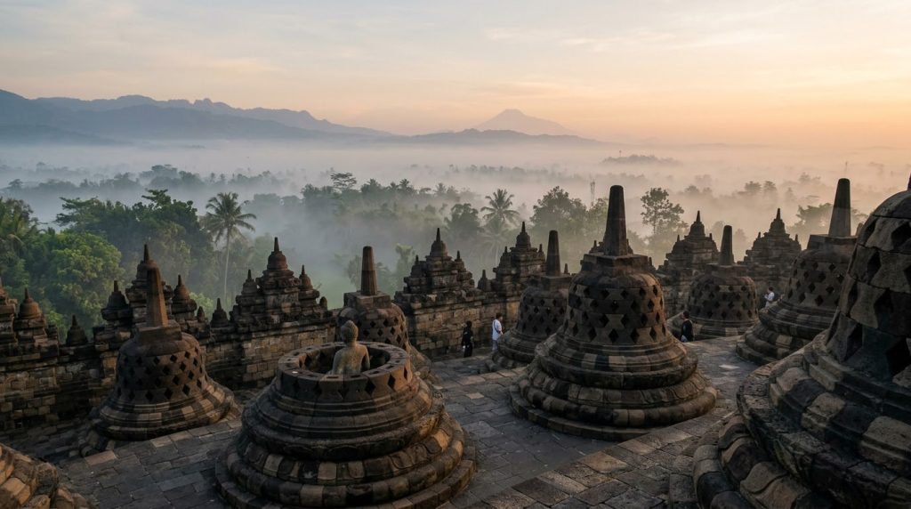 Borobudur Temple's stone stupas rising above morning mist near Yogyakarta
