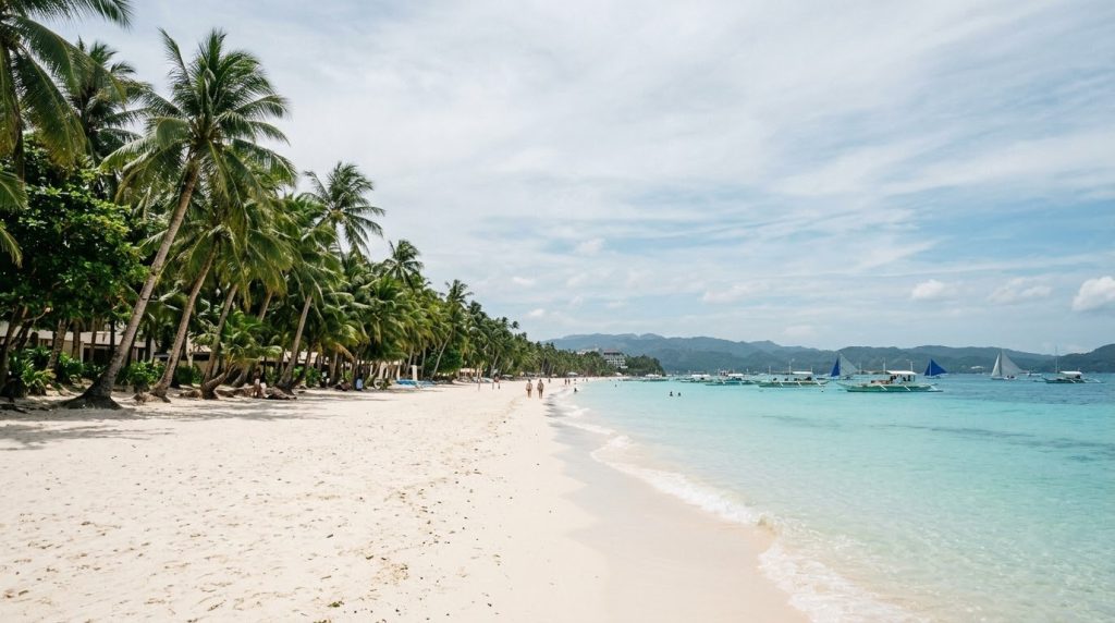 Wide white sand and turquoise water at Station 1, White Beach, Boracay