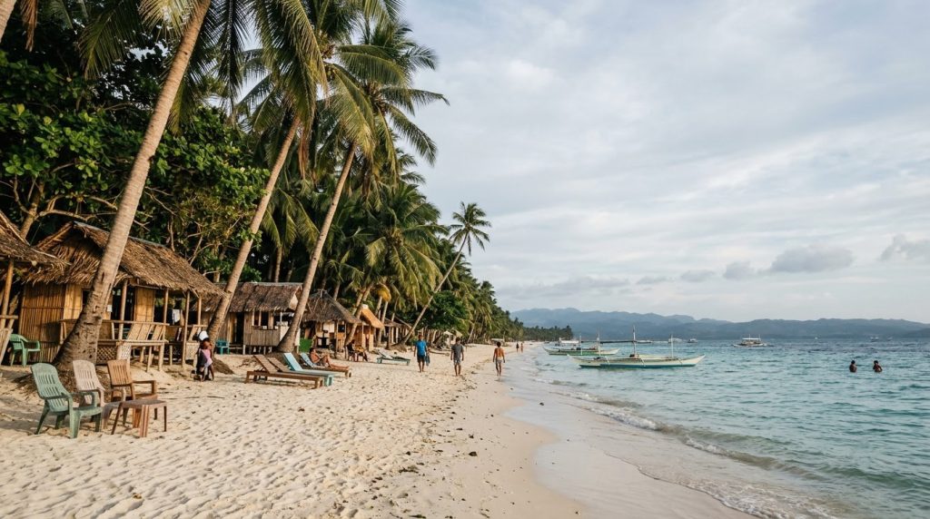 A quiet narrow beach stretch with huts at Station 3, Boracay