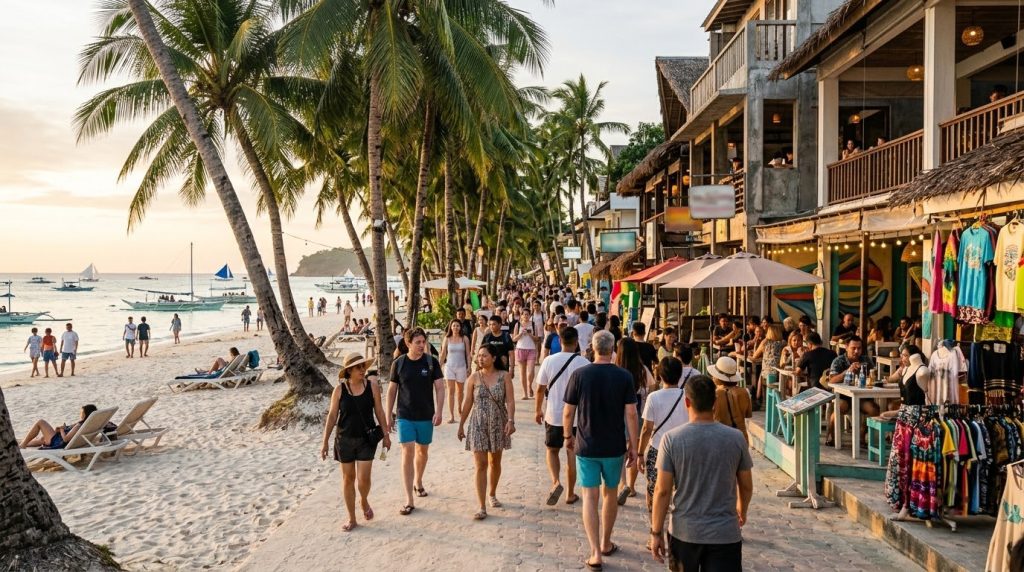 A busy beachfront walkway with shops at Station 2, Boracay