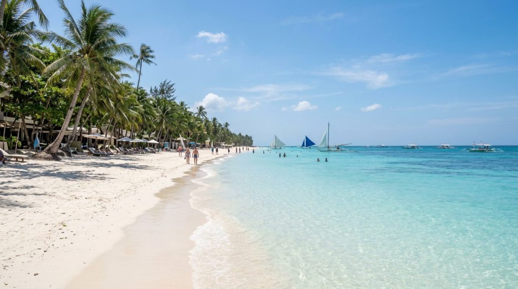 Clear turquoise water and white sand at White Beach, Boracay