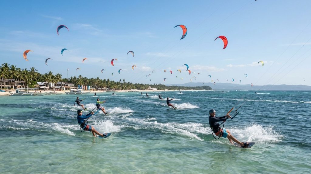 Kiteboarders on the water at Bulabog Beach in Boracay, Philippines