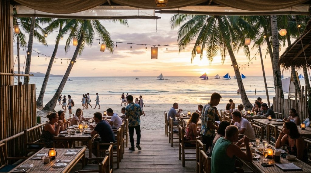 An open-air restaurant terrace facing the beach near D'Mall, Boracay