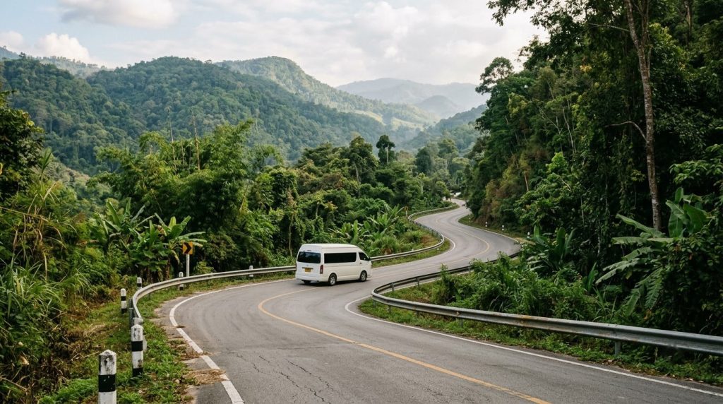 A minibus on a winding mountain road between Chiang Mai and Pai