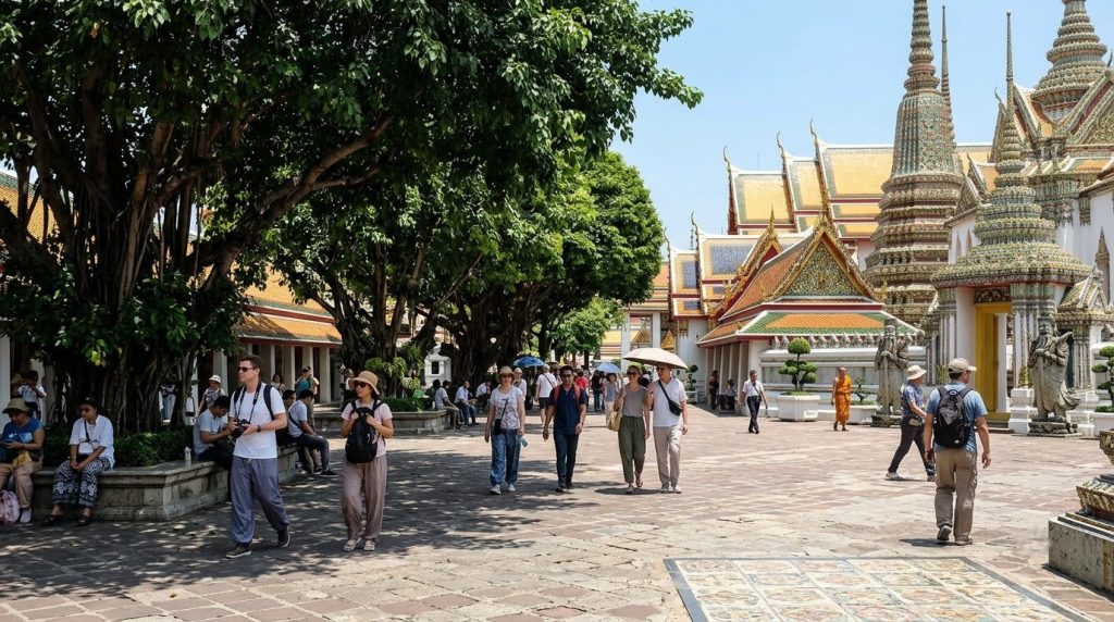 Visitors walking across a sunny temple courtyard in Bangkok at midday
