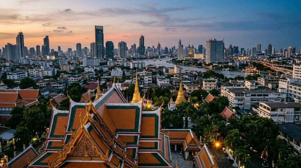 Bangkok's skyline at dusk behind a traditional temple rooftop
