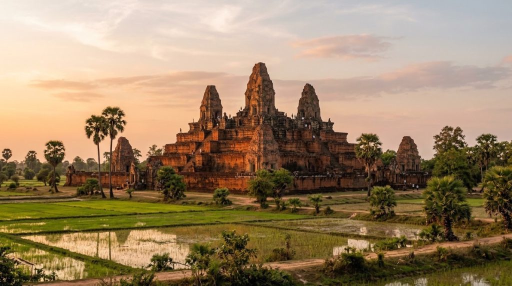 The stepped pyramid of Pre Rup temple glowing at sunset near Siem Reap