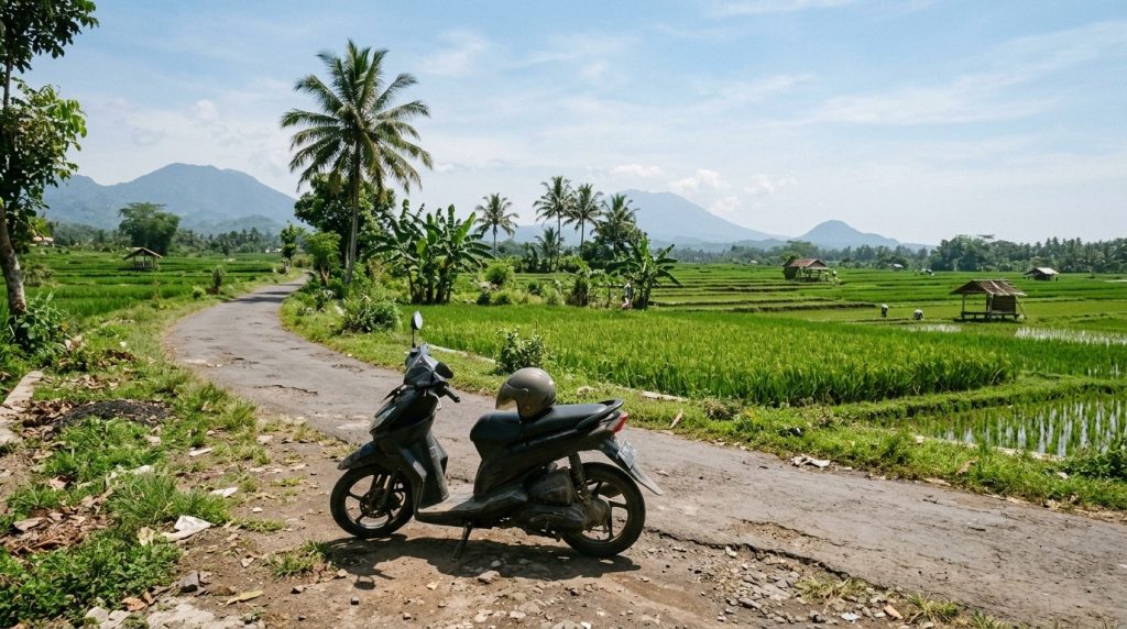 A parked scooter beside a quiet rice-field road in Lombok