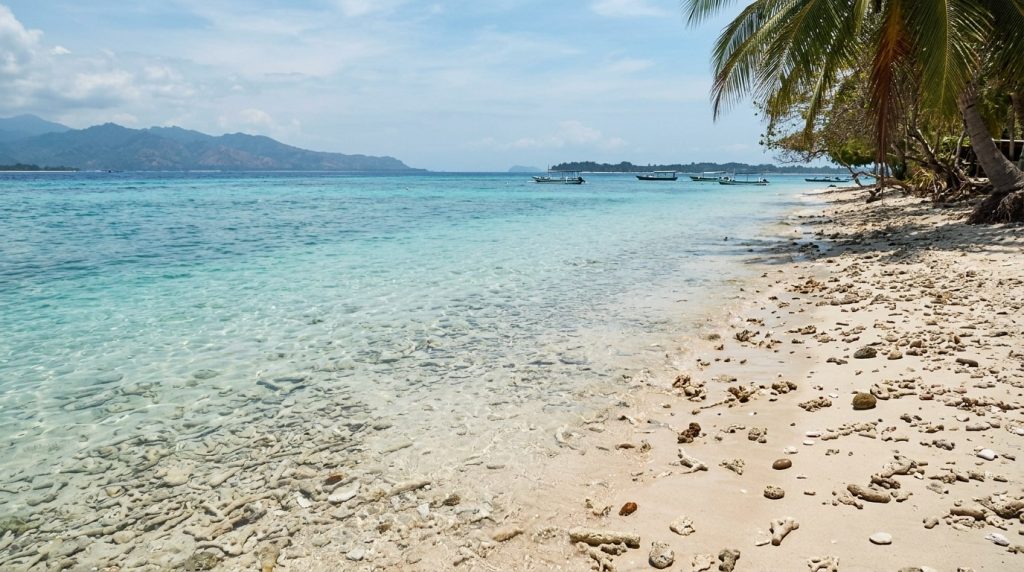 Clear shallow water over a coral-strewn beach on a Gili Island