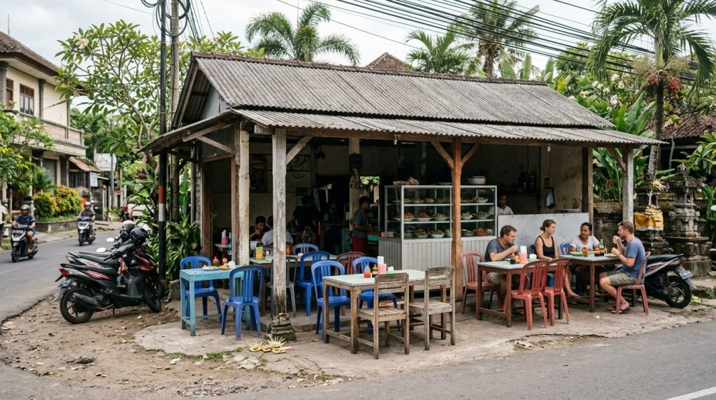 A simple local warung with outdoor tables near Nusa Dua, Bali