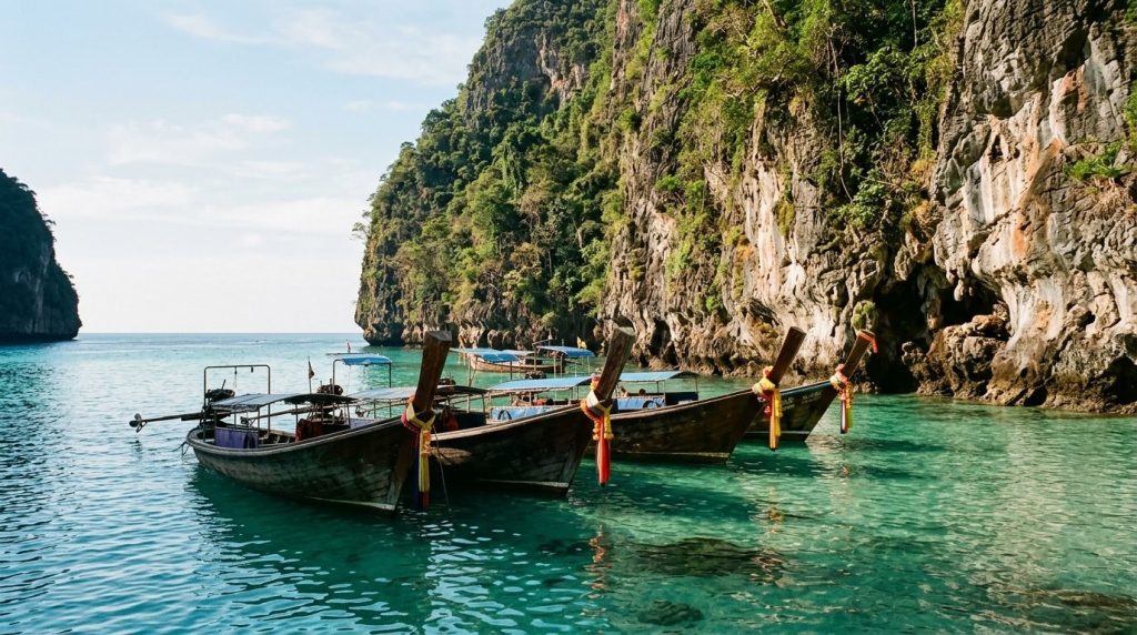 Longtail boats near limestone cliffs at Phi Phi Islands, Phuket