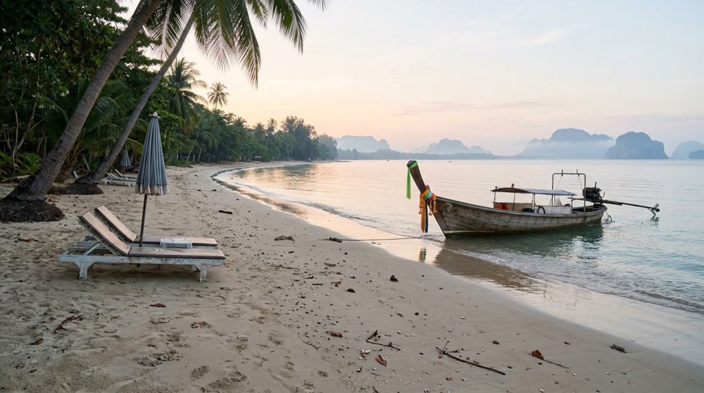 Beach chairs and a longtail boat on a quiet Phuket beach