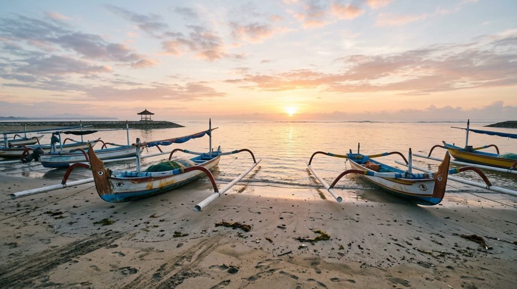 Sunrise with traditional fishing boats at Sanur Beach, Bali