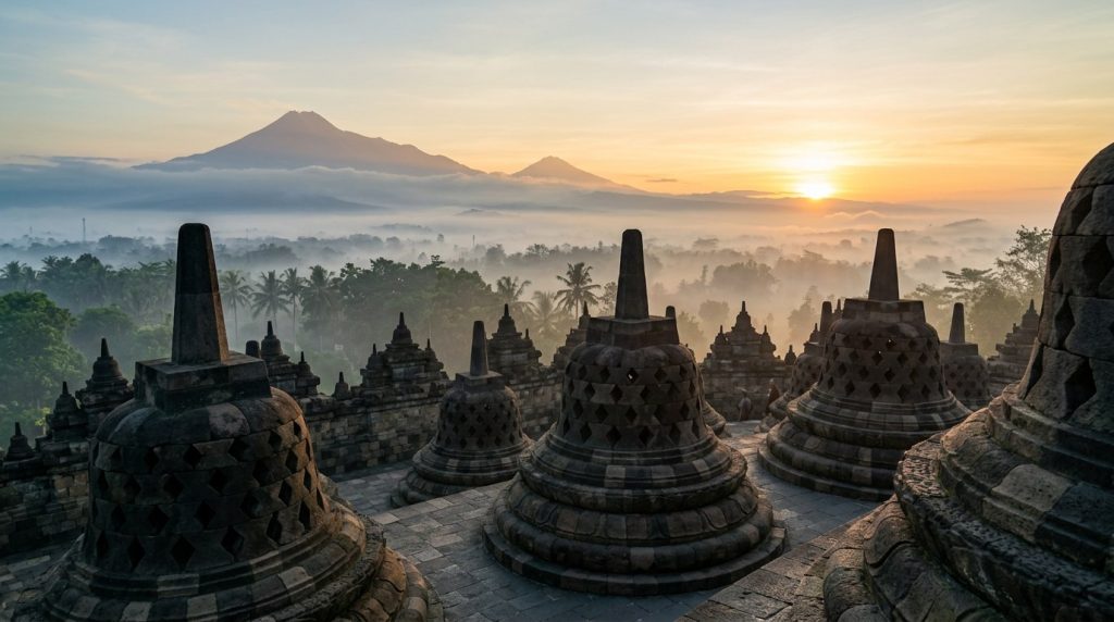 Stone stupas of Borobudur temple in morning mist near Magelang