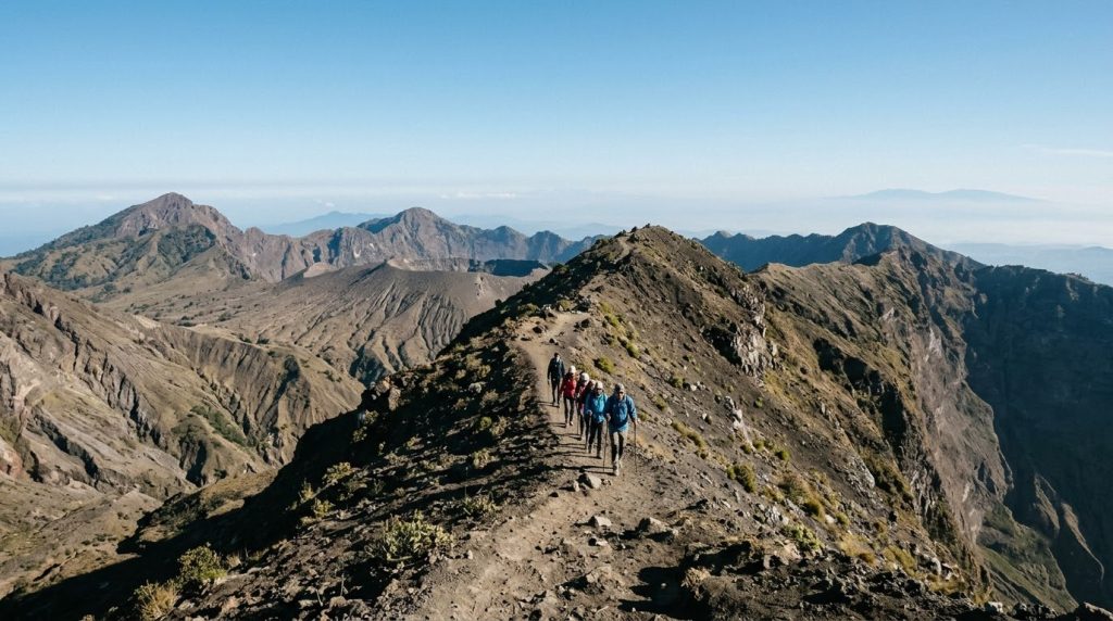 Trekkers on a ridge trail on Mount Rinjani volcano, Lombok
