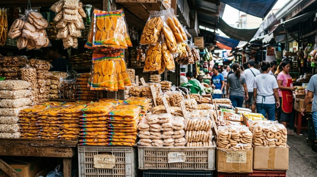 Market stall with dried mangoes and local snacks in Cebu City