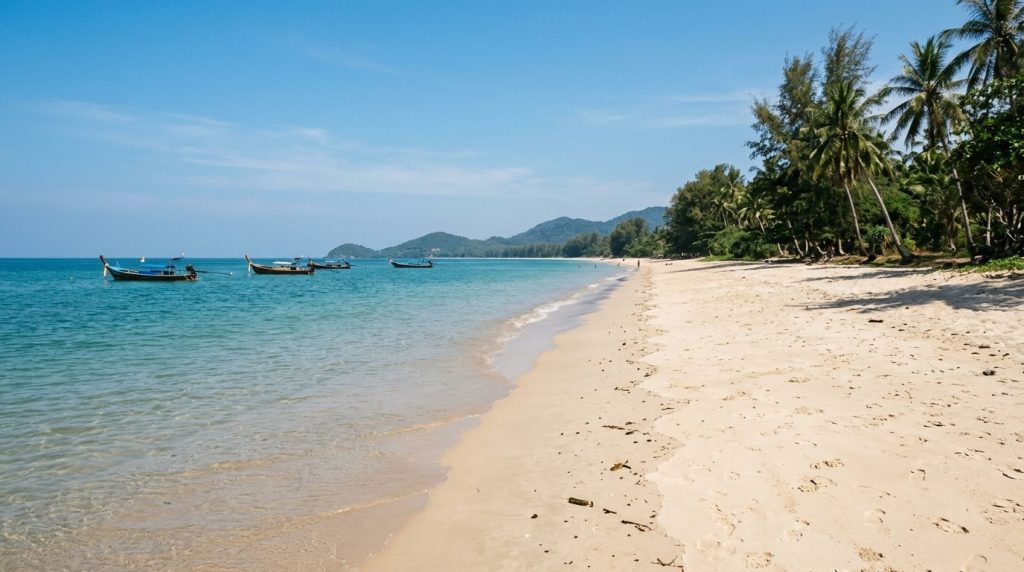 Calm turquoise water along a sandy beach on Koh Lanta, Thailand