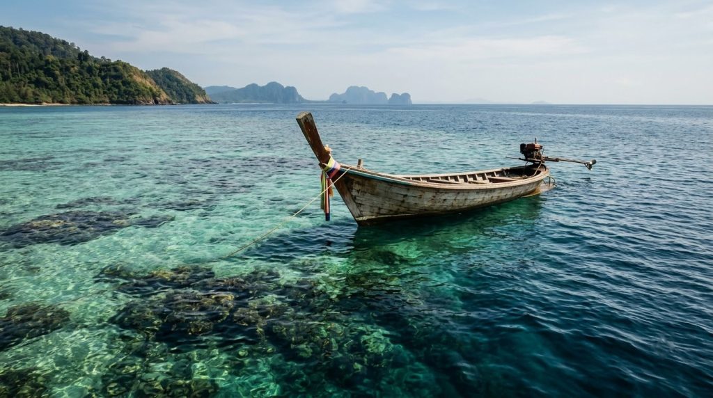Longtail boat anchored near a reef off Koh Lanta, Thailand