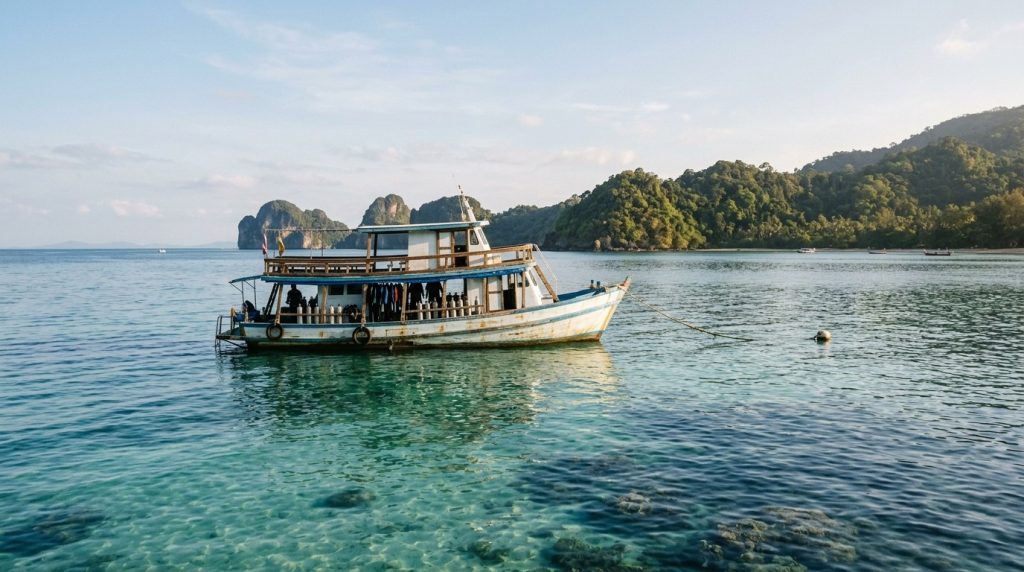 Dive boat moored in clear water near Koh Lanta during calm season
